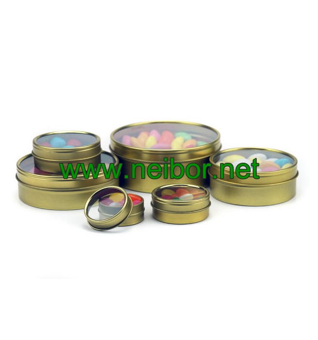round shallow tin container with clear window for candy pack